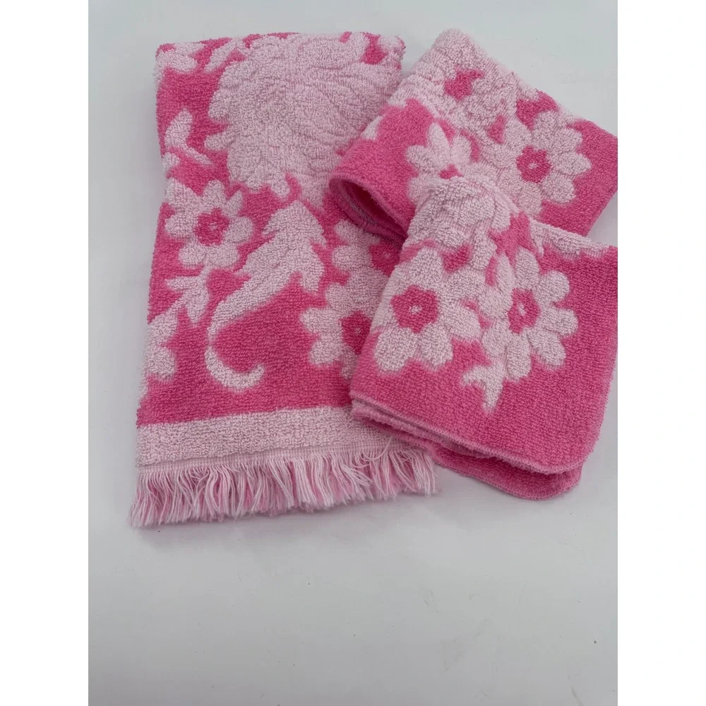 Fieldcrest Vintage Floral Towel Set Pink Floral Fringed Retro 3p